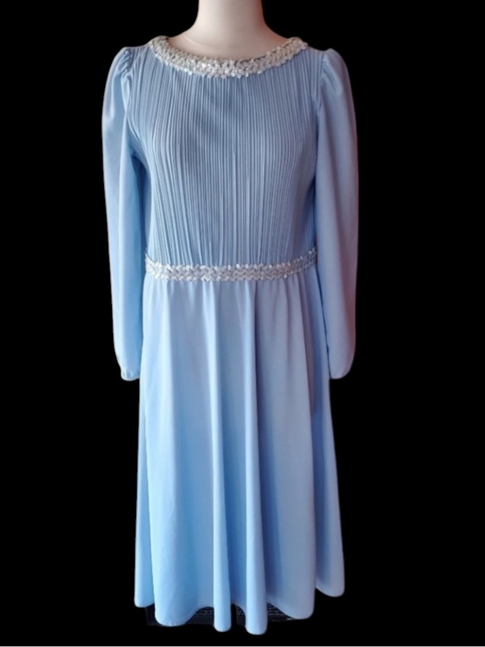 1970s Boston Maid Powder Blue Pleated Bodice & Sequin Cocktail Dress‎